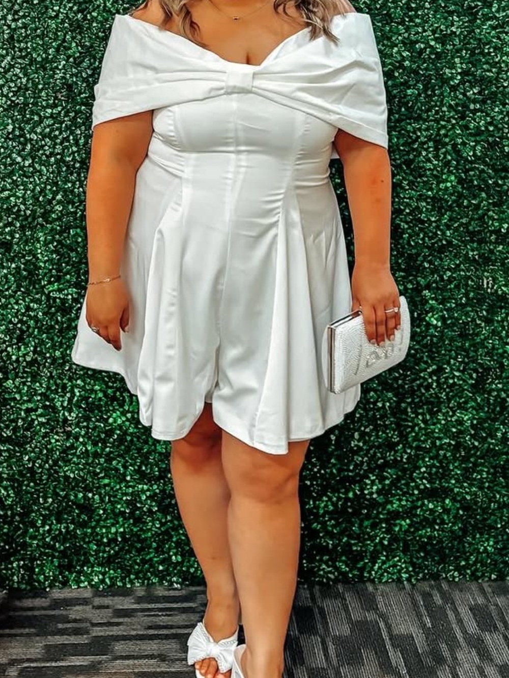 White Off-Shoulder BowFit-and-Flare Romper